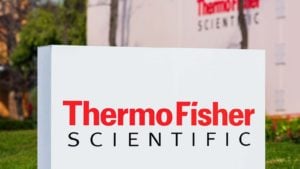 A Thermo Fisher Scientific (TMO) sign out front of an office in Silicon Valley, California.