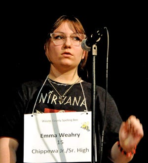 Emma Weahry, a Chippewa Junior/Senior High School seventh grader, is the Wayne County Spelling Bee runner-up after correctly spelling the word "arsenic" on Tuesday.