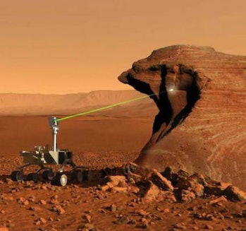 This artist’s illustration shows MSL Curiosity firing its ChemCam laser at a rocky outcropping. If M...