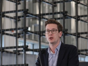 Minister of Technology and Innovation Nate Glubish speaks at Platform Calgary during a press conference on the growth of Alberta’s technology and innovation sector on Wednesday, February 22, 2023.