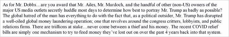 Another excerpt from Marlene Bourne’s email to former federal prosecutor Sidney Powell, conservative activist Tom Fitton and Fox News host Lou Dobbs.