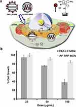 Two-part image: schematic of nanoparticle endocytosis in cells and graph of cell growth inhibition at different doses.
